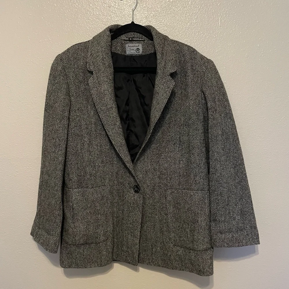 International Scene Blazer Women 7/8 Gray Tweed Vintage Pure New Wool Lines - Picture 2 of 8